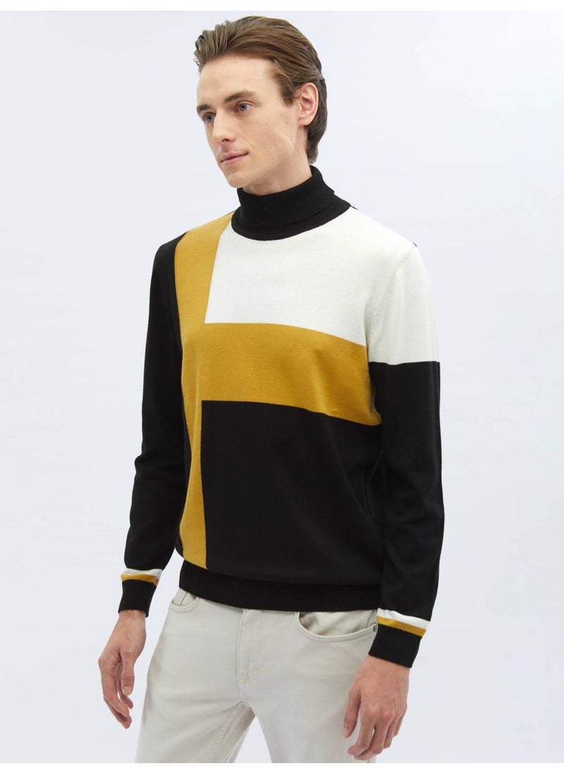 Black Full Turtleneck Patterned Cotton Blend Sweater