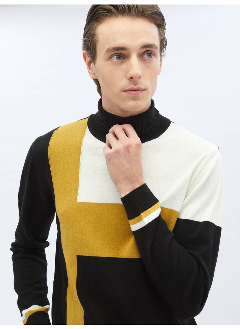 Black Full Turtleneck Patterned Cotton Blend Sweater