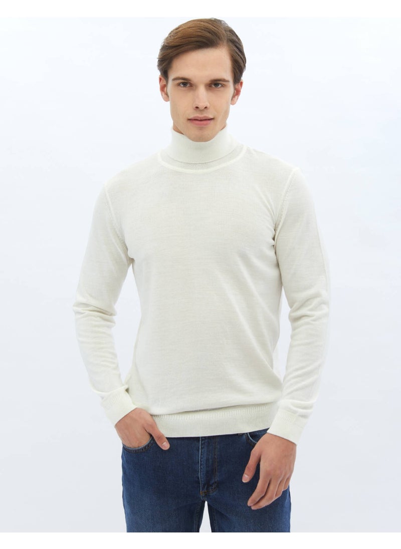 Ecru Full Turtleneck Plain Knit Wool Blend Sweater