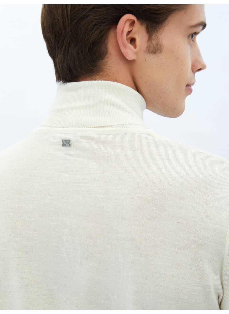 Ecru Full Turtleneck Plain Knit Wool Blend Sweater