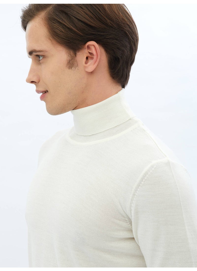 Ecru Full Turtleneck Plain Knit Wool Blend Sweater