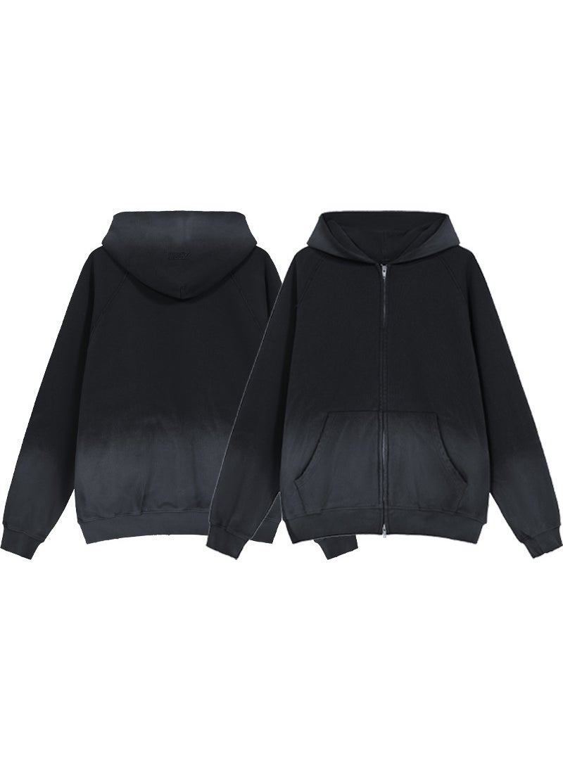 Autumn/winter Solid Color Distressed Zipper Hooded Womens Casual Sweatshirt Trendy Couple Hooded Sweatshirt Loose Fit Iron Gray