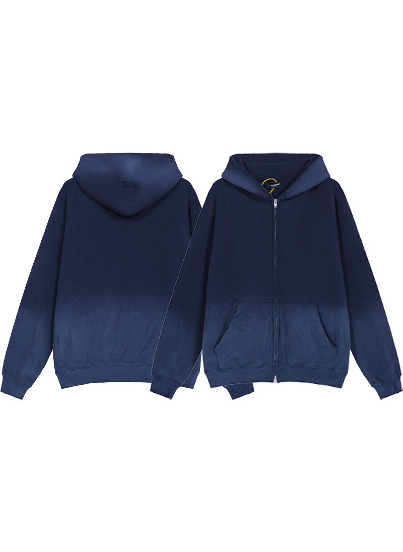 Autumn/winter Solid Color Distressed Zipper Hooded Womens Casual Sweatshirt Trendy Couple Hooded Sweatshirt Loose Fit Dark gray blue
