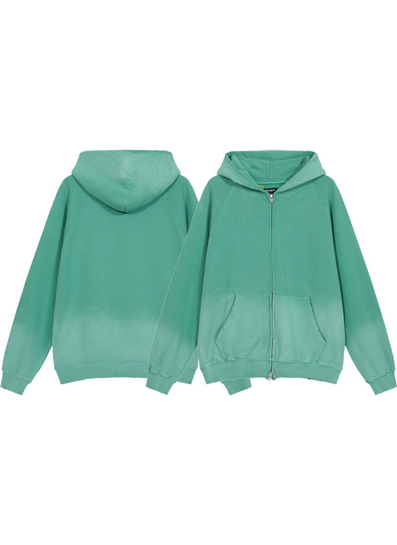 Autumn/winter Solid Color Distressed Zipper Hooded Womens Casual Sweatshirt Trendy Couple Hooded Sweatshirt Loose Fit Wash Green