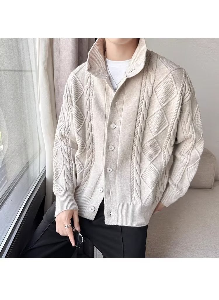 2023 Autumn/winter New Mens Knitted Cardigan Loose Fit Versatile Solid Color Sweater Thickened Jacket Top Casual Scene Apricot