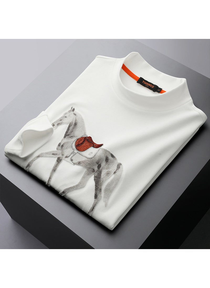 European Style Luxury Autumn/winter Mens Sweatshirt Sleevet Warm Fleece Embroidered Horse Rider Half Polo/turtle Neck Top White