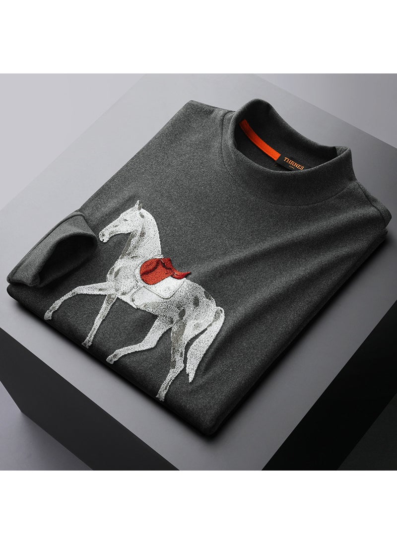 European Style Luxury Autumn/winter Mens Sweatshirt Sleevet Warm Fleece Embroidered Horse Rider Half Polo/turtle Neck Top Dark gray