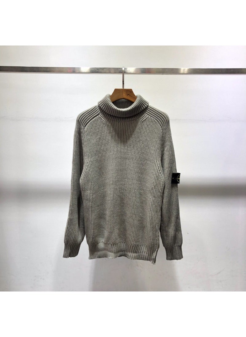 Mens Autumn Winter Basic Cotton Knit Sweater Gray