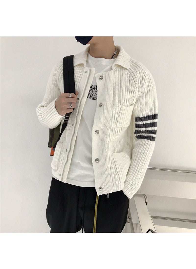 Stylish Autumn Winter Mens Casual Sweater Stripe Knitwear Cardigan White