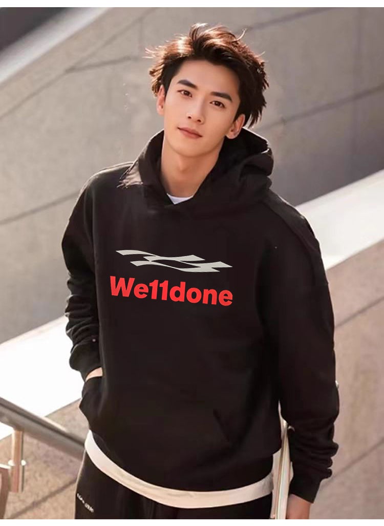 Autumn/Winter New WE11DONE Track American Style Loose-Fit Trendy Brand Printing Fleece-Lined Hooded Sweatshirt For Men And Women Black