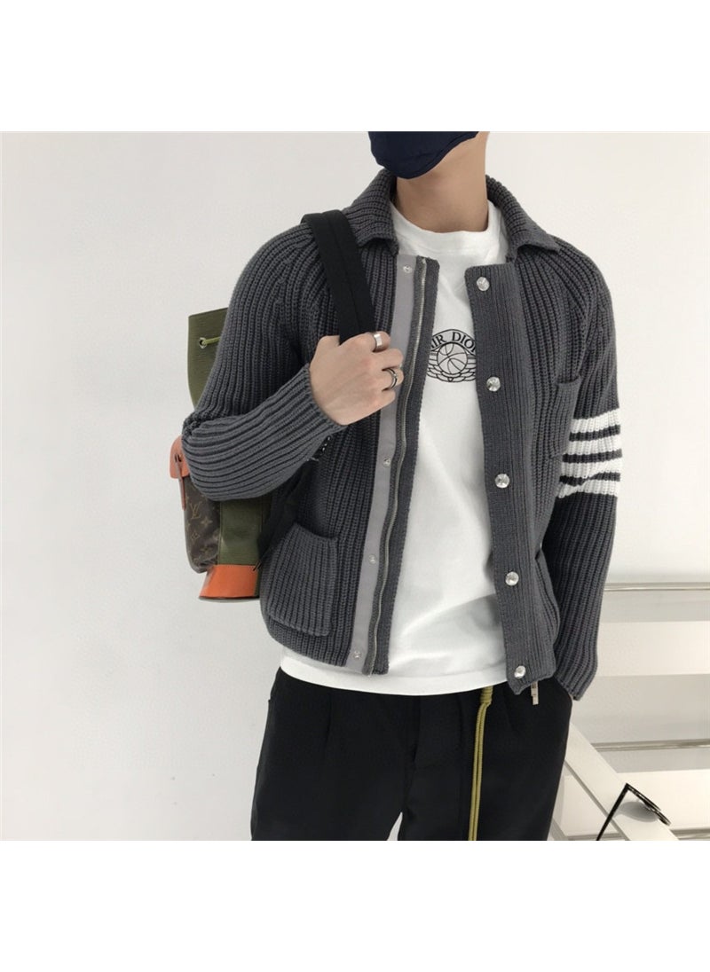 Stylish Autumn Winter Mens Casual Sweater Stripe Knitwear Cardigan Grey