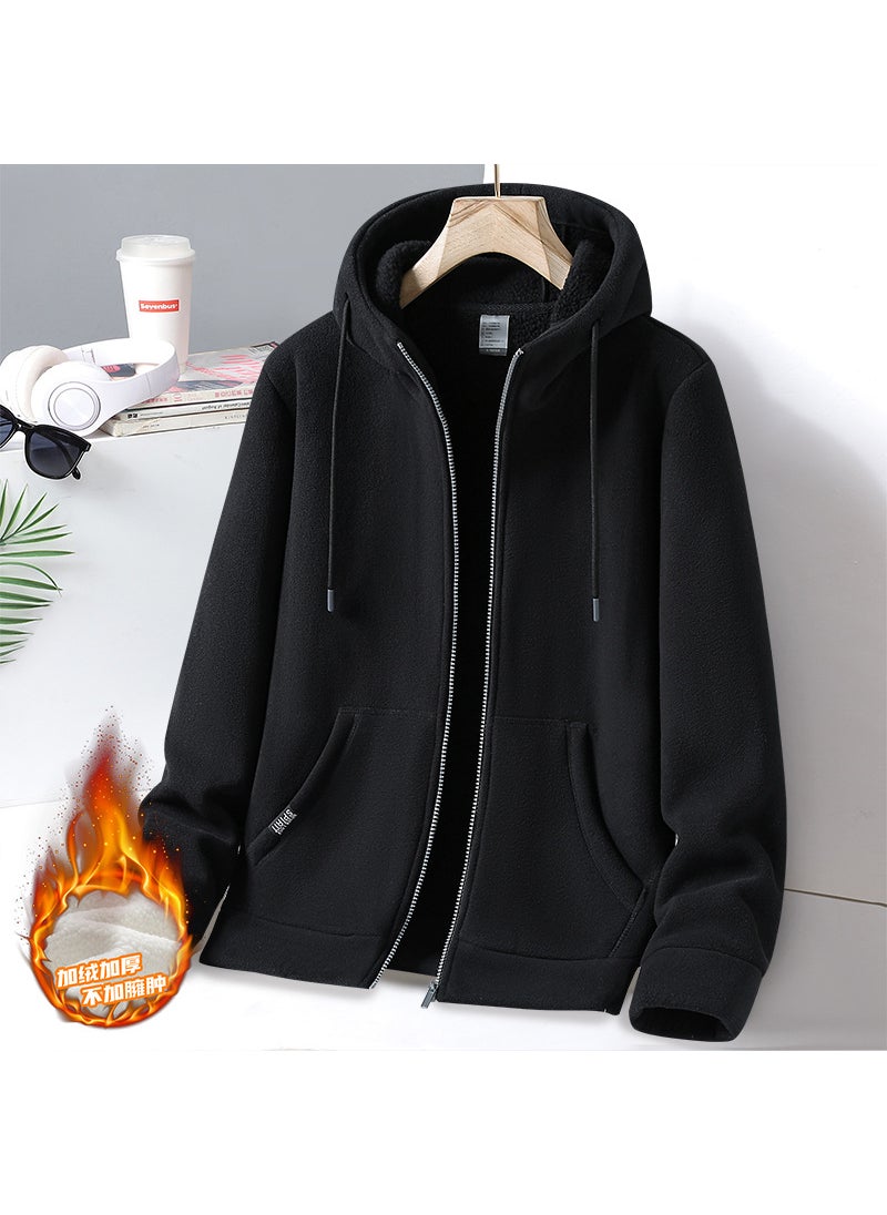 Autumn New Trendy Mens Fleece-Lined Sweatshirt Loose-Fit Hooded Casual Sporty Wear For Women Fashionable Outdoor Clothing Black