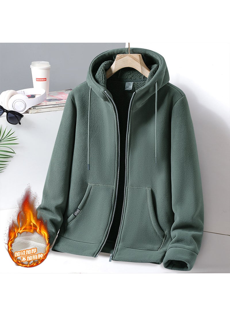 Autumn New Trendy Mens Fleece-Lined Sweatshirt Loose-Fit Hooded Casual Sporty Wear For Women Fashionable Outdoor Clothing Pea Green