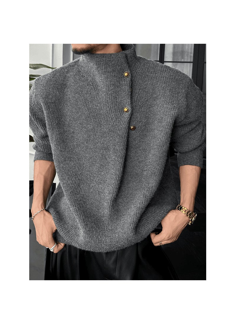Trendy Mens High Collar Button Design Knitwear Casual Versatile Loose Fit Autumn Winter Retro Style Long Sleeve Sweater Grey