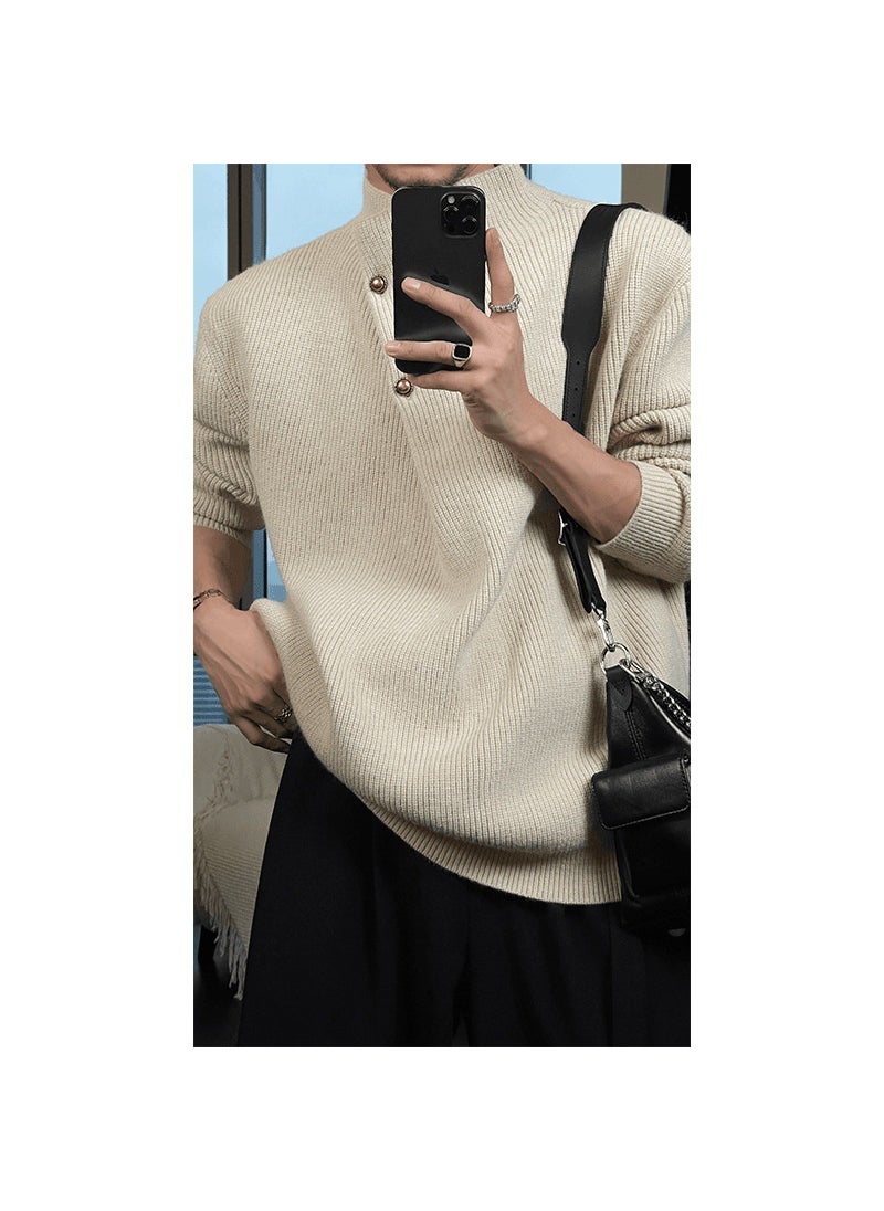 Trendy Mens High Collar Button Design Knitwear Casual Versatile Loose Fit Autumn Winter Retro Style Long Sleeve Sweater Black
