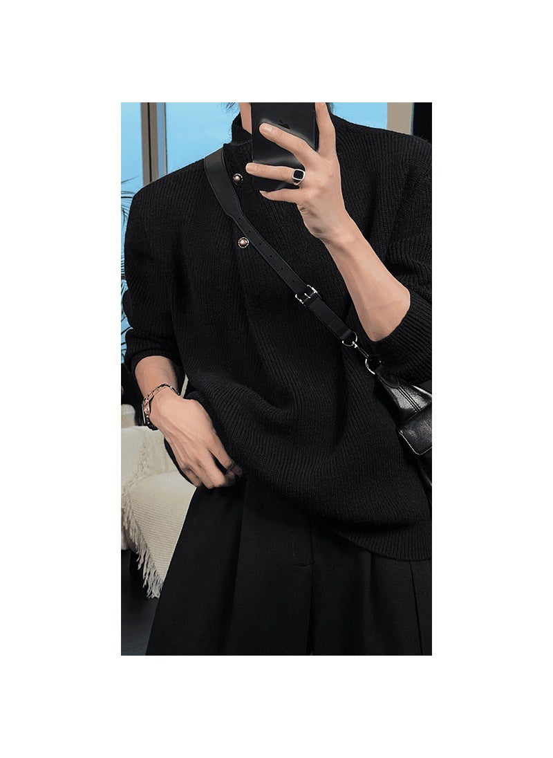 Trendy Mens High Collar Button Design Knitwear Casual Versatile Loose Fit Autumn Winter Retro Style Long Sleeve Sweater Black