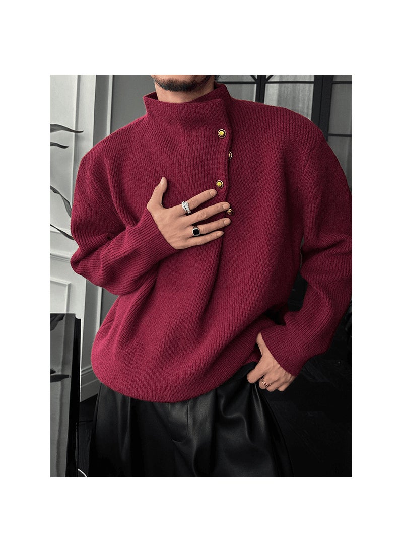 Trendy Mens High Collar Button Design Knitwear Casual Versatile Loose Fit Autumn Winter Retro Style Long Sleeve Sweater rice white