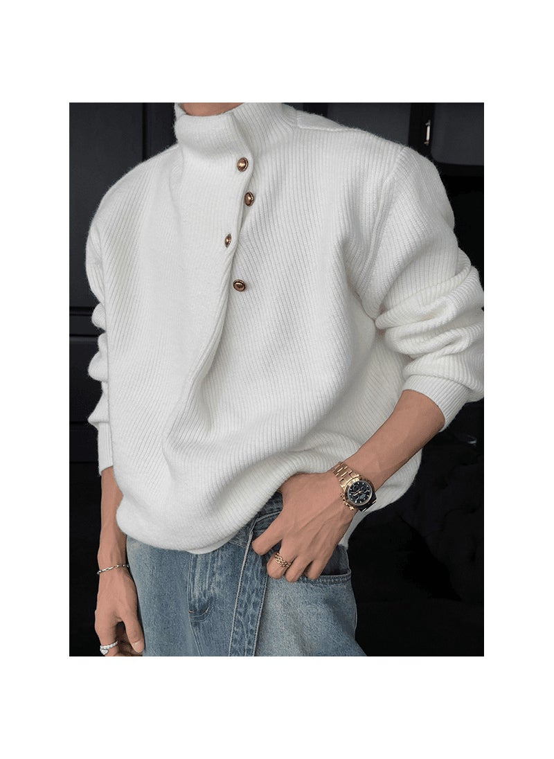 Trendy Mens High Collar Button Design Knitwear Casual Versatile Loose Fit Autumn Winter Retro Style Long Sleeve Sweater rice white