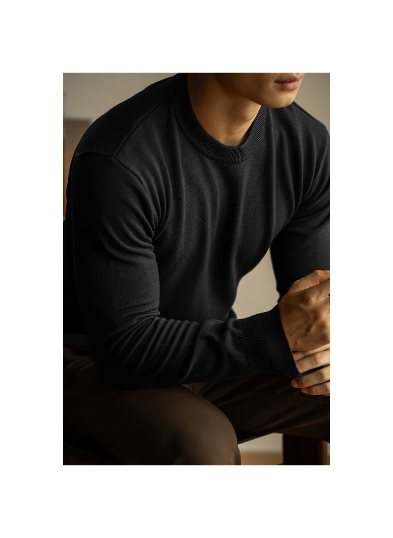 Mens Wool-Blend Sweater Casual Crew Neck Round Neck Knitted Inner Top Solid Color Base Layer For Commuting Autumn/Winter 2024 Black