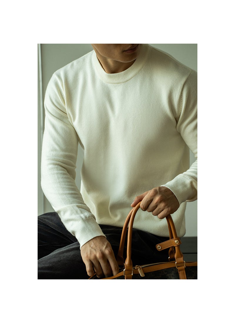 Mens Wool-Blend Sweater Casual Crew Neck Round Neck Knitted Inner Top Solid Color Base Layer For Commuting Autumn/Winter 2024 White