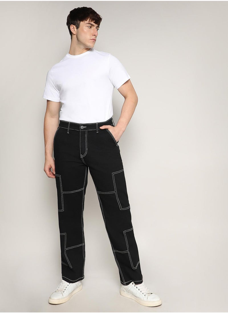 Men's Jet Black Contrast Stitched Denim Jeans