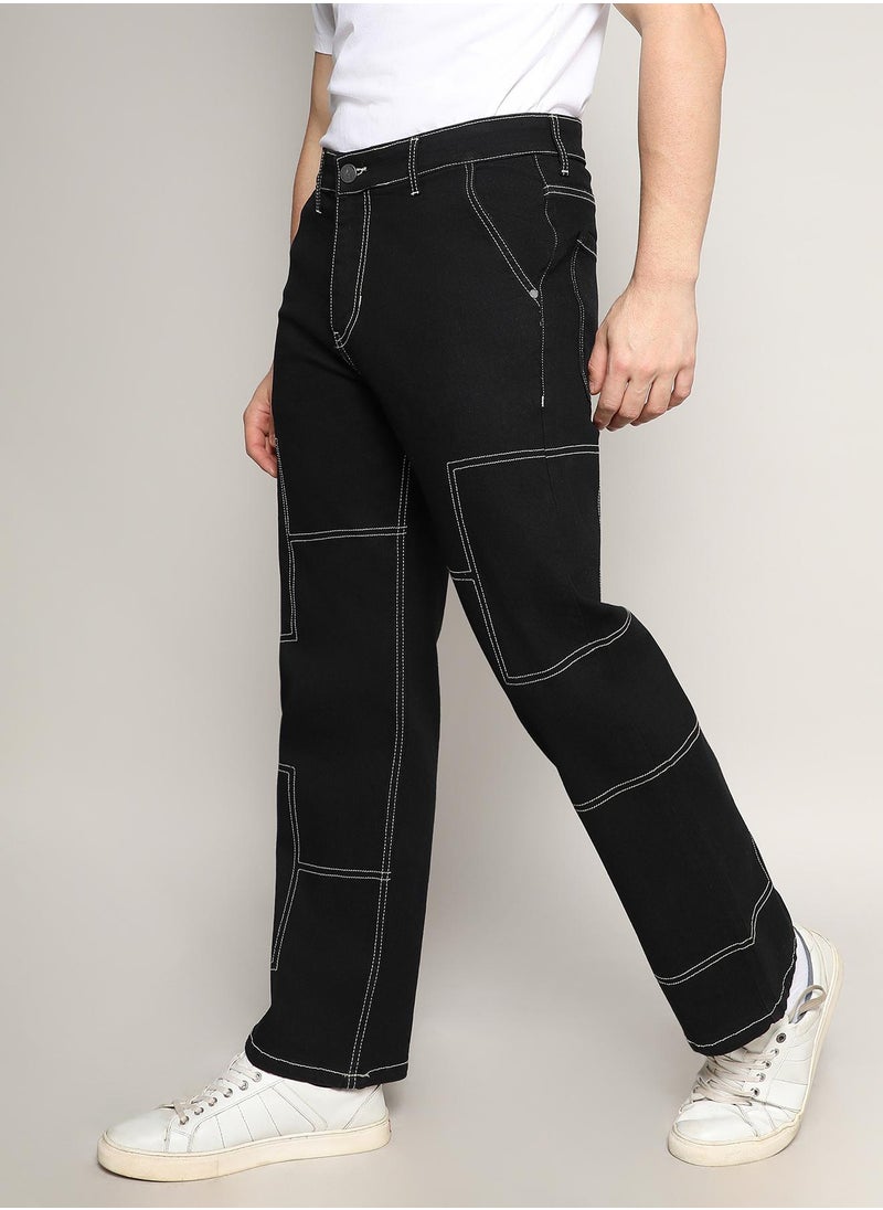 Men's Jet Black Contrast Stitched Denim Jeans