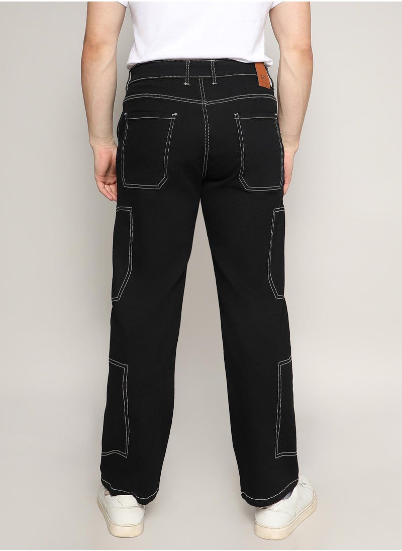 Men's Jet Black Contrast Stitched Denim Jeans