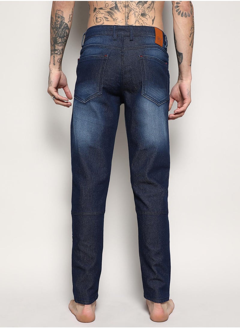 Men's Navy Blue Self-Design Patched Denim Jeans