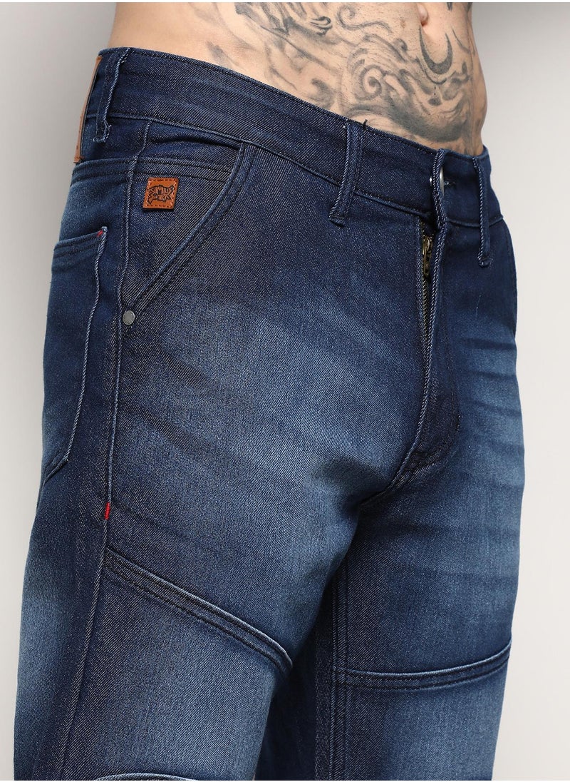 Men's Navy Blue Self-Design Patched Denim Jeans