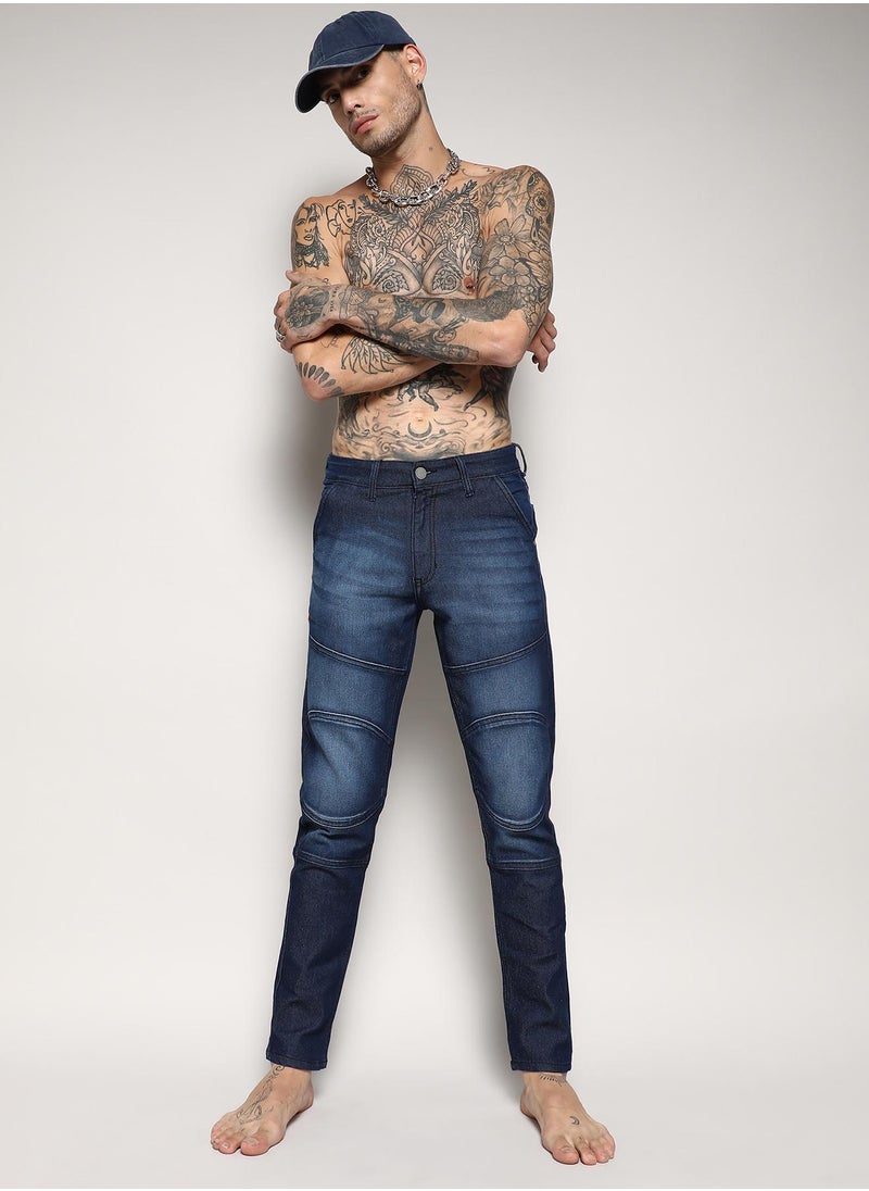 Men's Navy Blue Self-Design Patched Denim Jeans