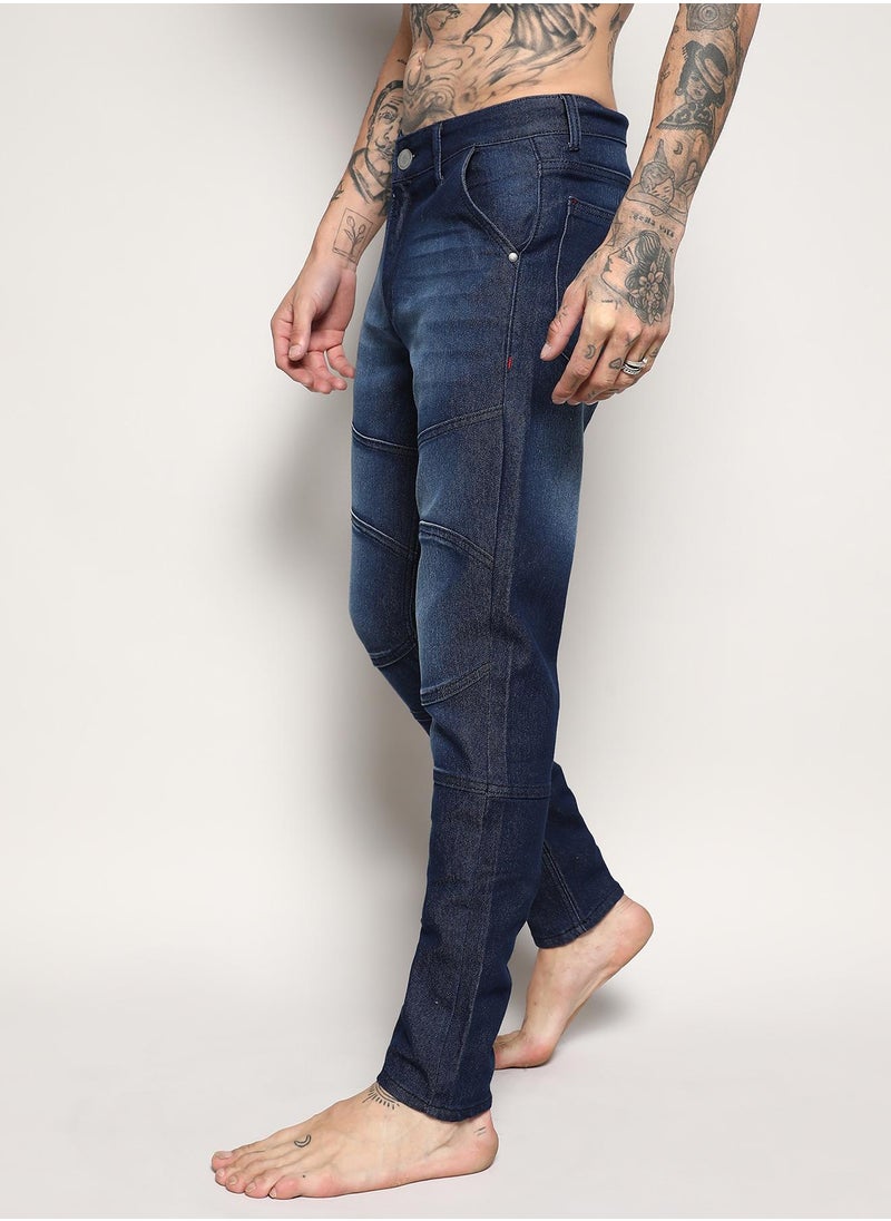 Men's Navy Blue Self-Design Patched Denim Jeans