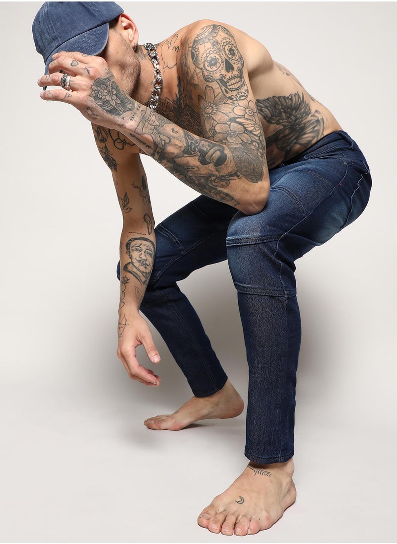 Men's Navy Blue Self-Design Patched Denim Jeans