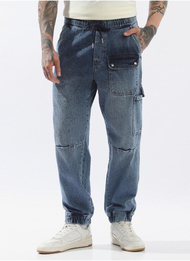 Men Comfort Relaxed Fit Mid-Rise Cargo Jogger Jeans