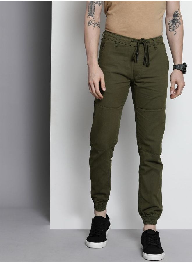 Men Slim Fit Solid Mid-Rise Elasticated Linen Jogger Trouser
