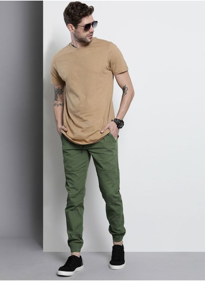 Men Slim Fit Solid Mid-Rise Elasticated Linen Jogger Trouser