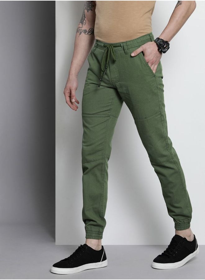 Men Slim Fit Solid Mid-Rise Elasticated Linen Jogger Trouser