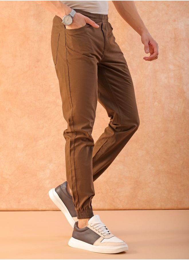 Men Slim Fit Solid Mid-Rise Elasticated Linen Jogger Trouser