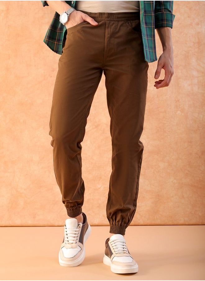 Men Slim Fit Solid Mid-Rise Elasticated Linen Jogger Trouser