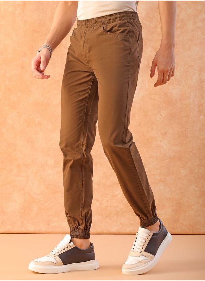 Men Slim Fit Solid Mid-Rise Elasticated Linen Jogger Trouser