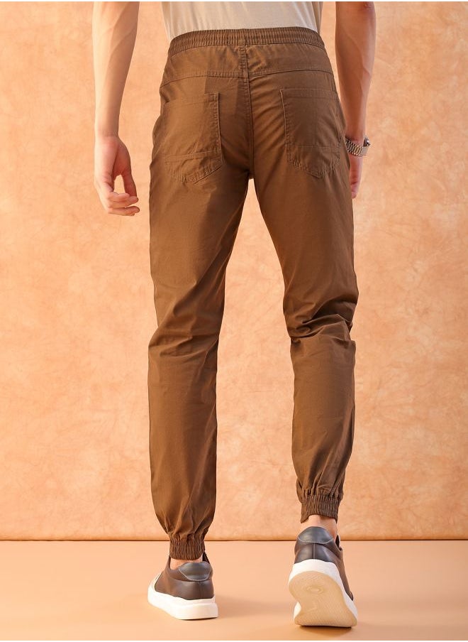 Men Slim Fit Solid Mid-Rise Elasticated Linen Jogger Trouser