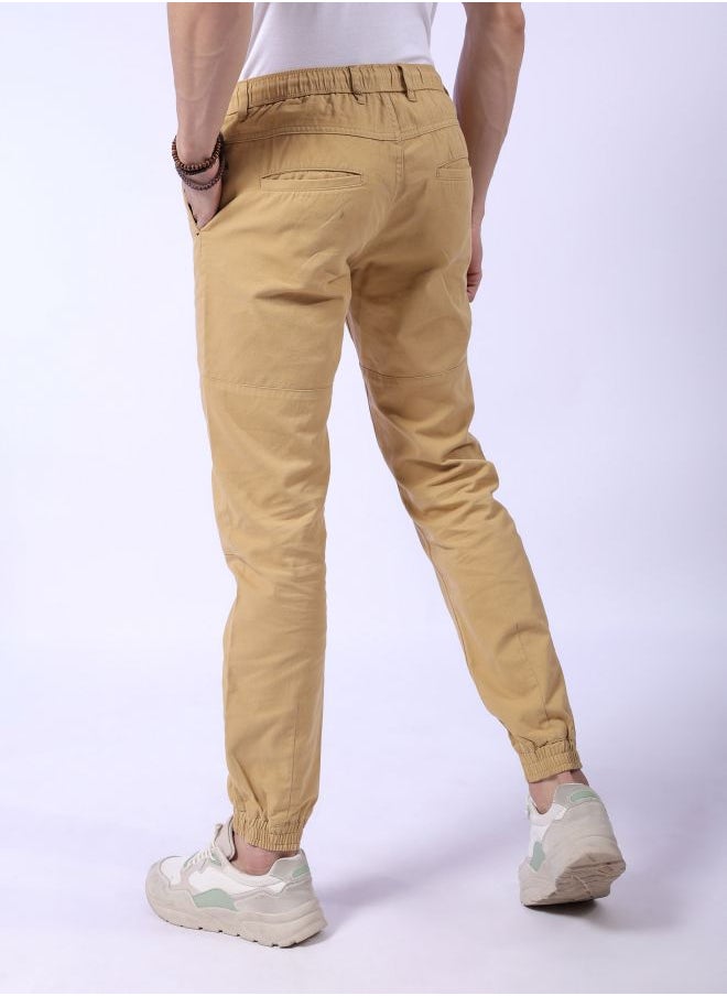 Men Slim Fit Solid Mid-Rise Elasticated Linen Jogger Trouser