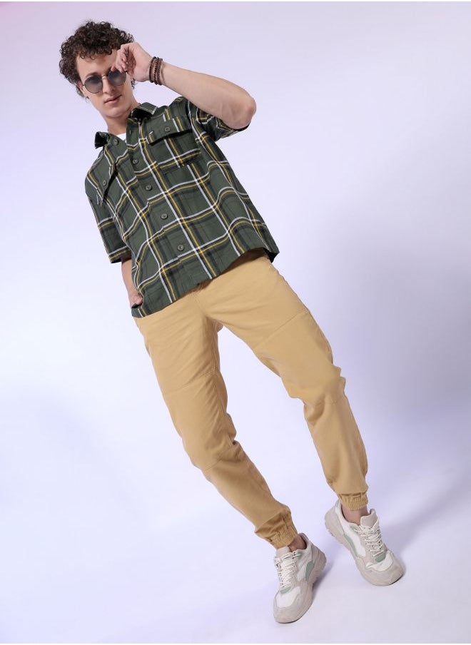 Men Slim Fit Solid Mid-Rise Elasticated Linen Jogger Trouser