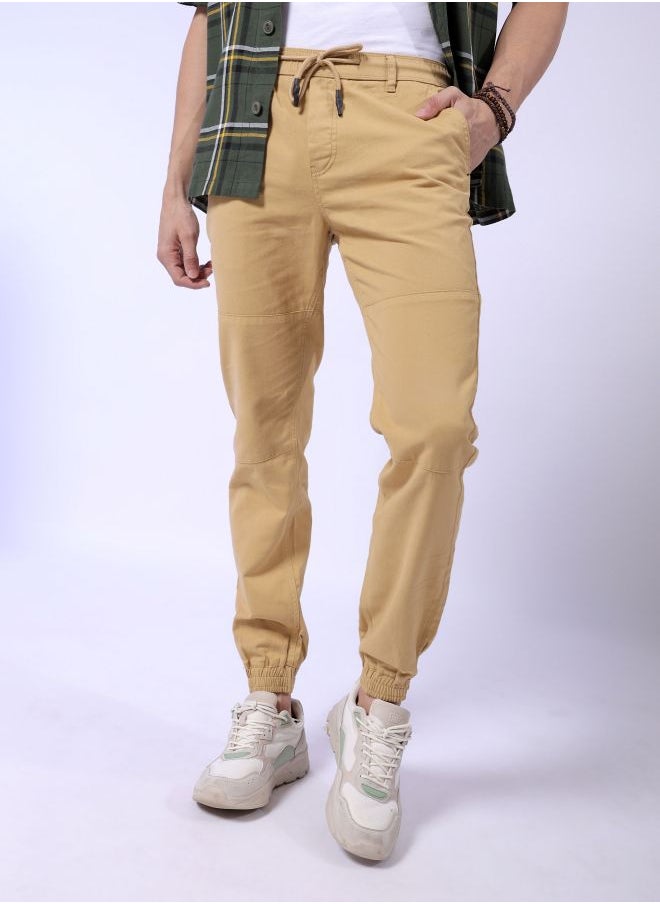 Men Slim Fit Solid Mid-Rise Elasticated Linen Jogger Trouser