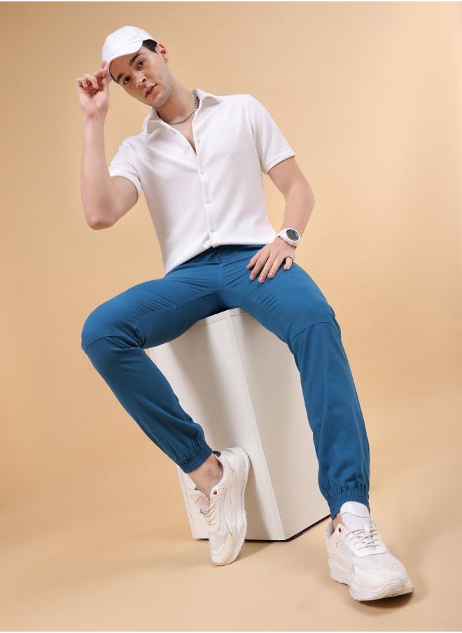 Men Slim Fit Solid Mid-Rise Elasticated Linen Jogger Trouser
