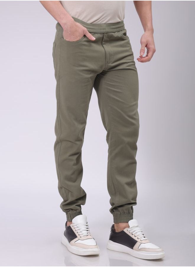 Men Slim Fit Solid Mid-Rise Elasticated Linen Jogger Trouser