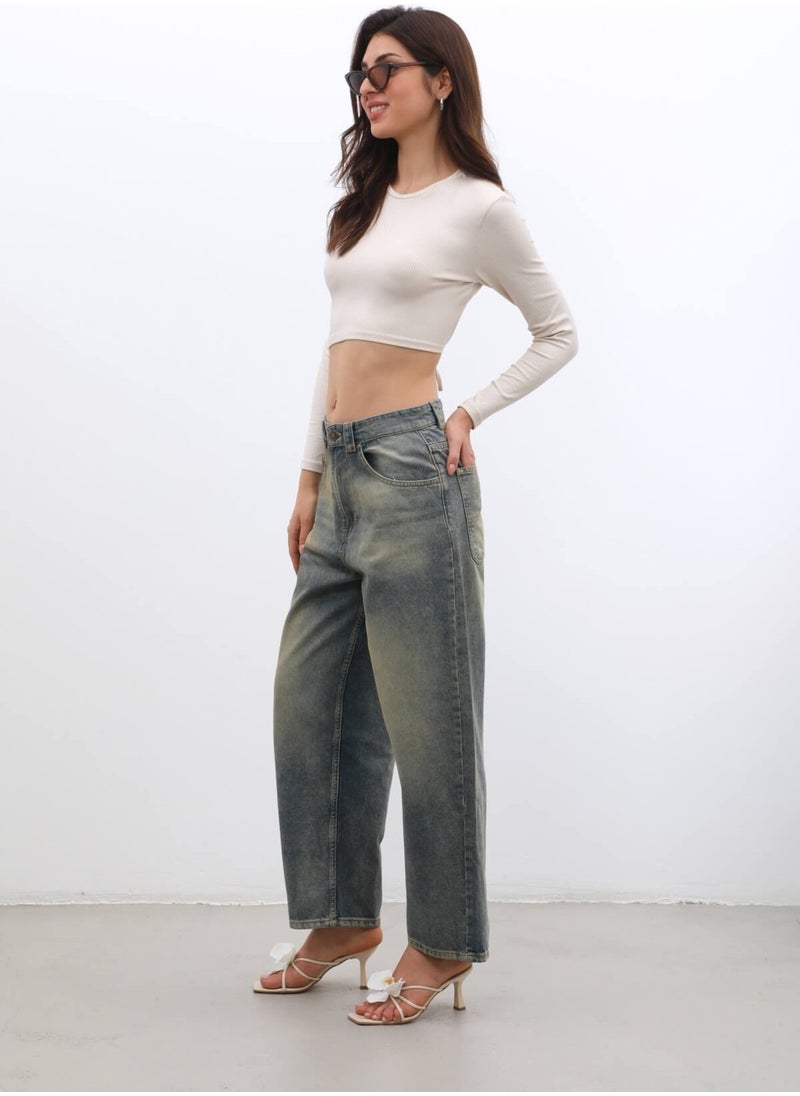 Women High Waist Skater Fit Jeans Tint Green