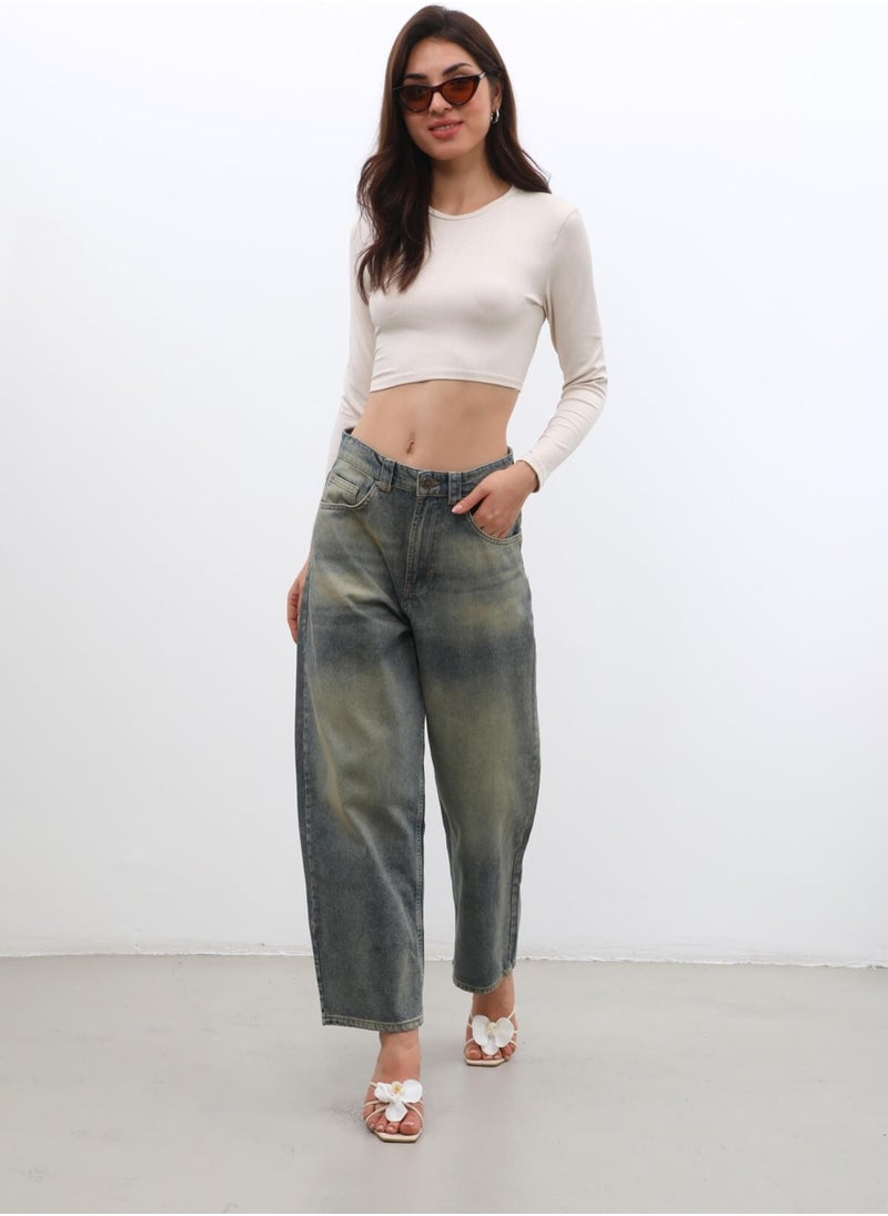 Women High Waist Skater Fit Jeans Tint Green