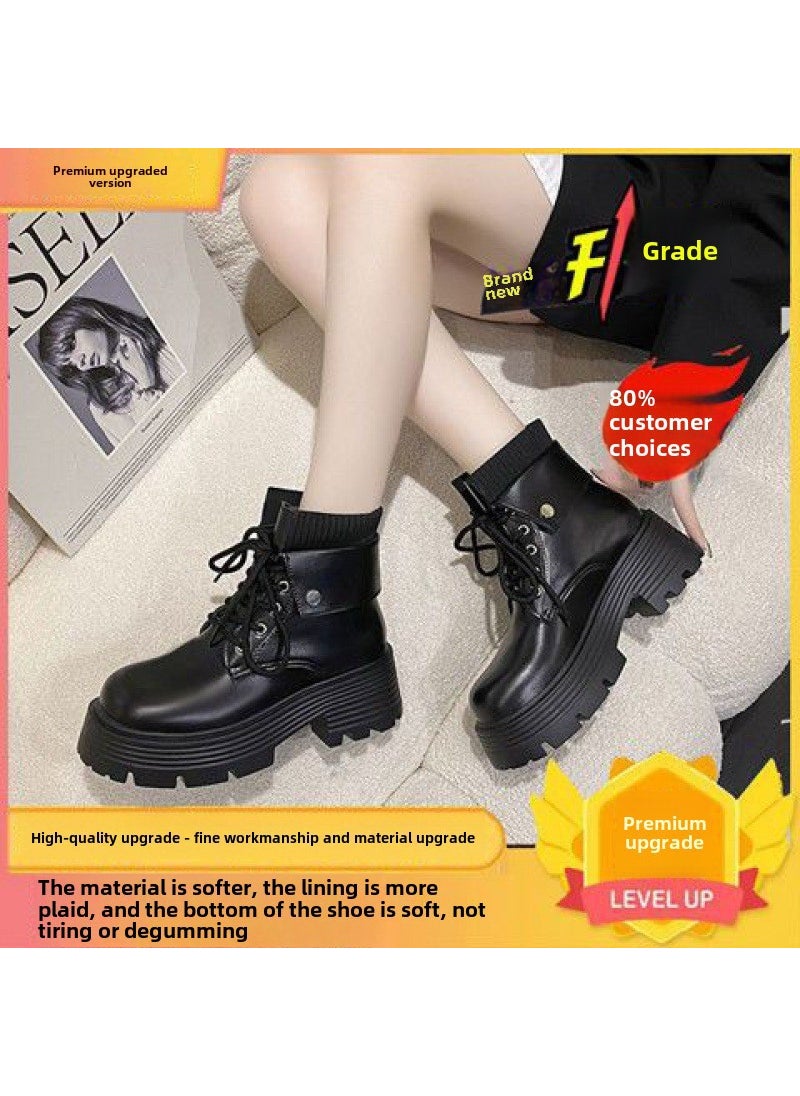 Womens Fleece Lined Short Martin Boots Soft Bottom Thick Sole Retro British Style Autumn Winter Fashion Breathable Warm Sweat Absorbent black thickened velvet