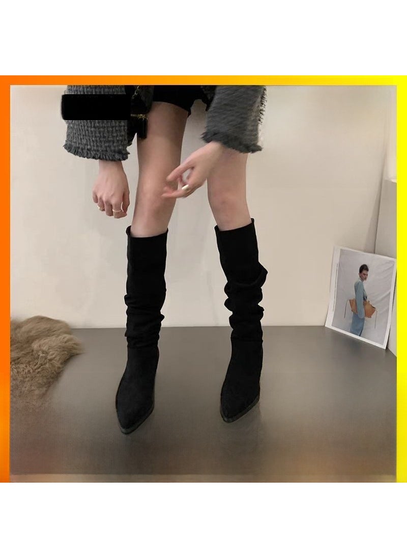 2023 British Velvet High-Heel Cowboy Boots for Women Black Upgrade
