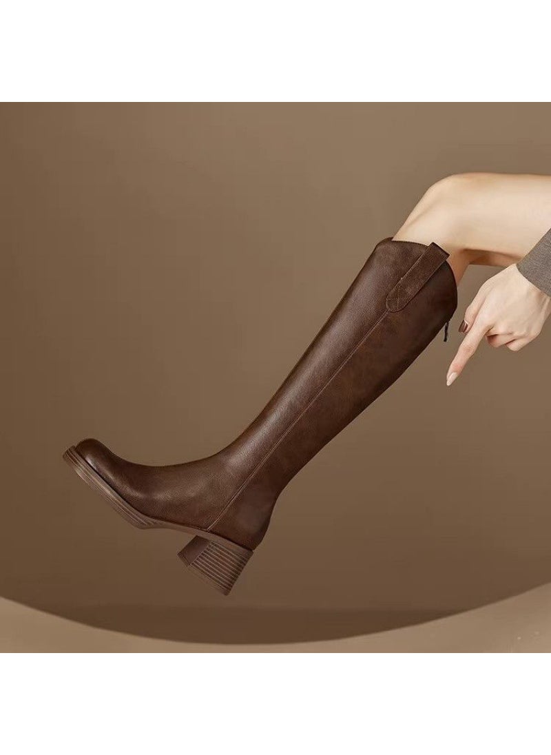 Vintage Brown Thigh-High Boots Women Block Heel Brown
